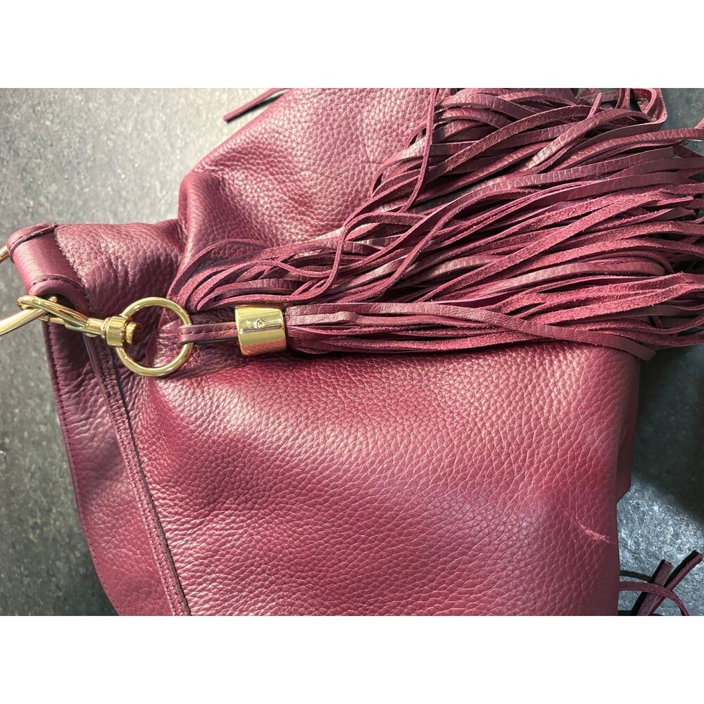 Burgundy Genuine Leather GILI Fringe Slouchy Hobo - Picture 7 of 10